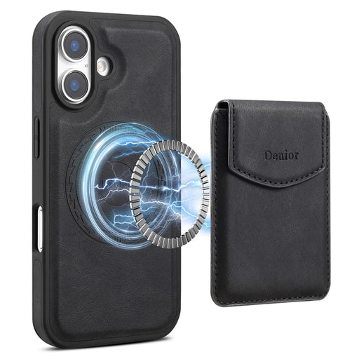 DENIOR D19 For iPhone 16 Magnetic Case Leather+PC+TPU Cover with Detachable Card Bag - Black - 1