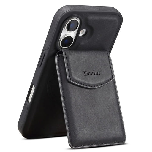 DENIOR D19 For iPhone 16 Magnetic Case Leather+PC+TPU Cover with Detachable Card Bag - Black - 2