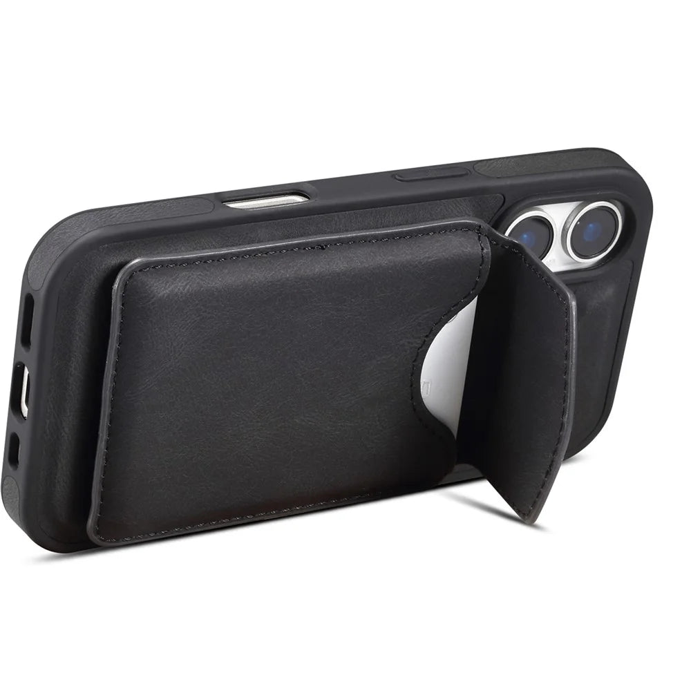 DENIOR D19 For iPhone 16 Magnetic Case Leather+PC+TPU Cover with Detachable Card Bag - Black - 3