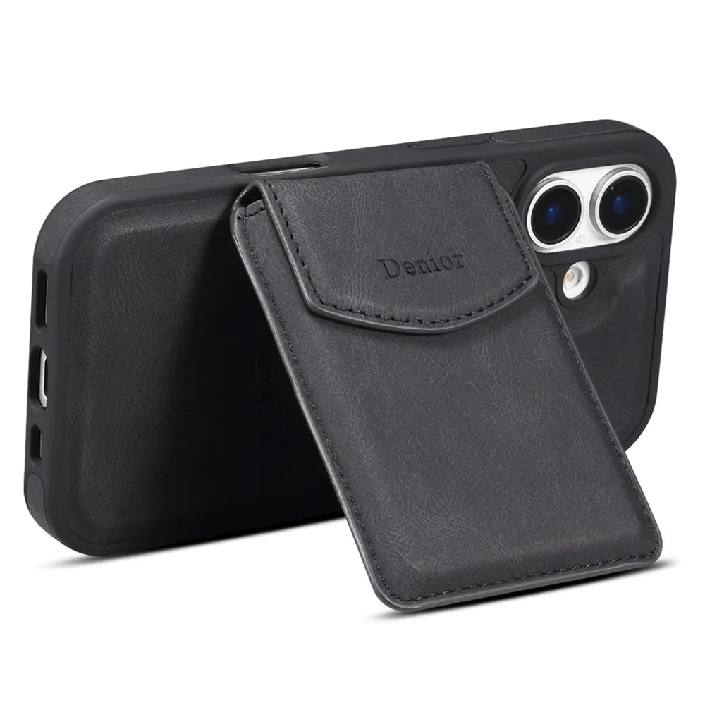 DENIOR D19 For iPhone 16 Magnetic Case Leather+PC+TPU Cover with Detachable Card Bag - Black - 4