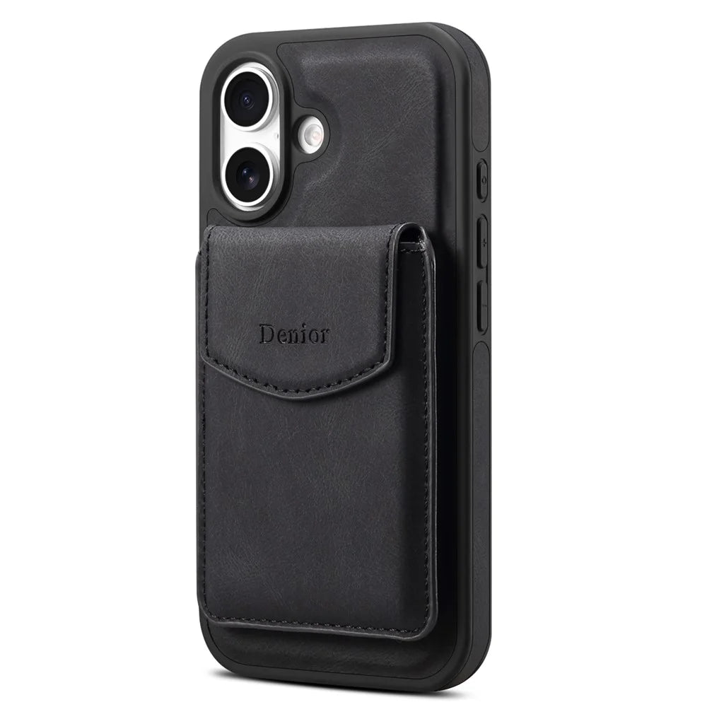 DENIOR D19 For iPhone 16 Magnetic Case Leather+PC+TPU Cover with Detachable Card Bag - Black - 5
