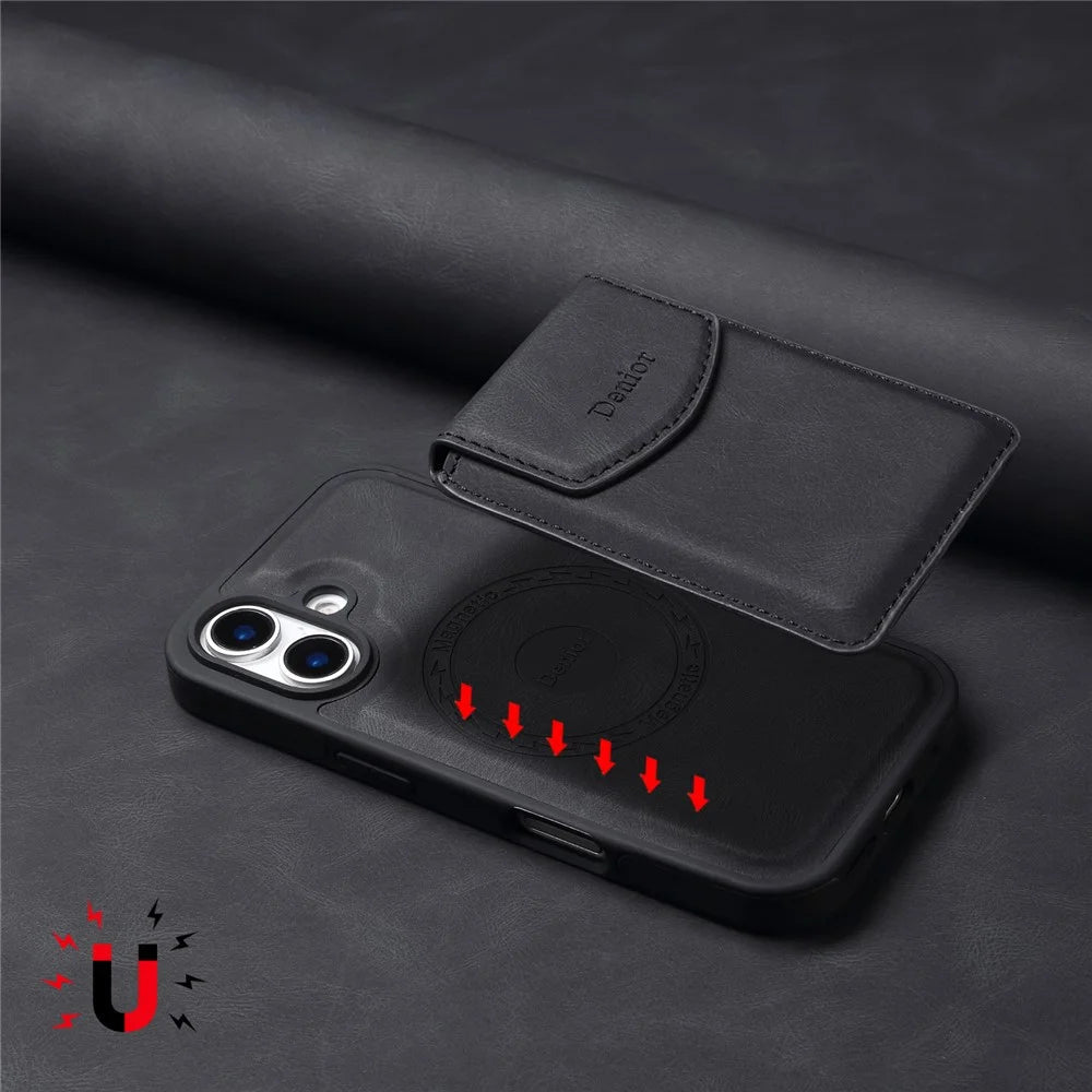 DENIOR D19 For iPhone 16 Plus Magnetic Case Leather+PC+TPU Cover with Detachable Card Bag - Black - 6