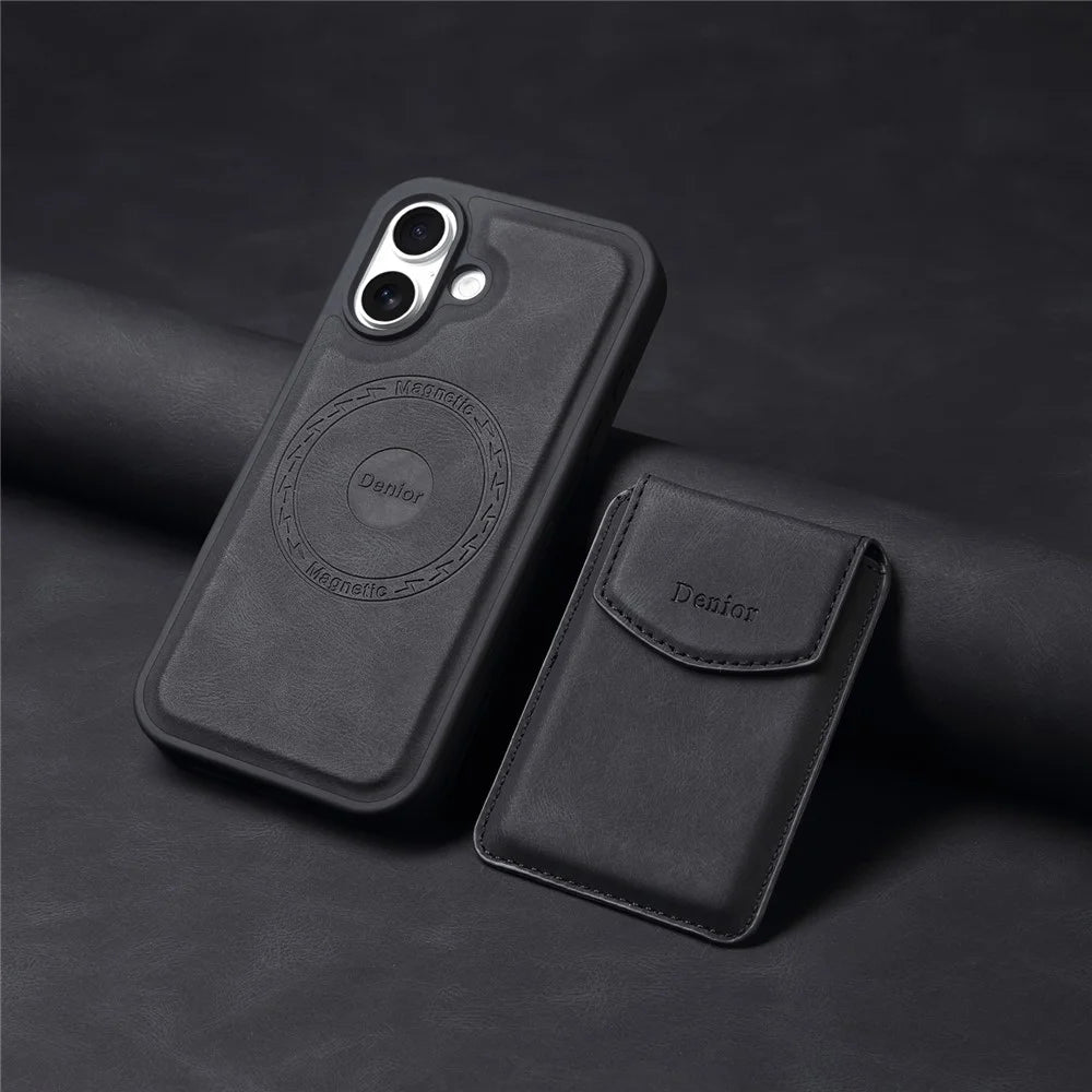 DENIOR D19 For iPhone 16 Plus Magnetic Case Leather+PC+TPU Cover with Detachable Card Bag - Black - 7