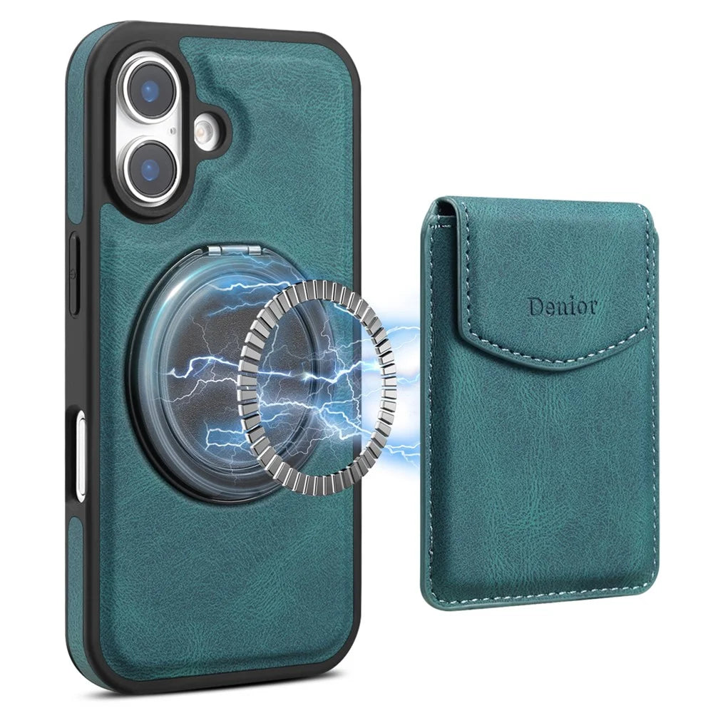 DENIOR D20 For iPhone 16 Case Detachable Card Bag Rotary Kickstand Leather+PC+TPU Cover - Blue - 1
