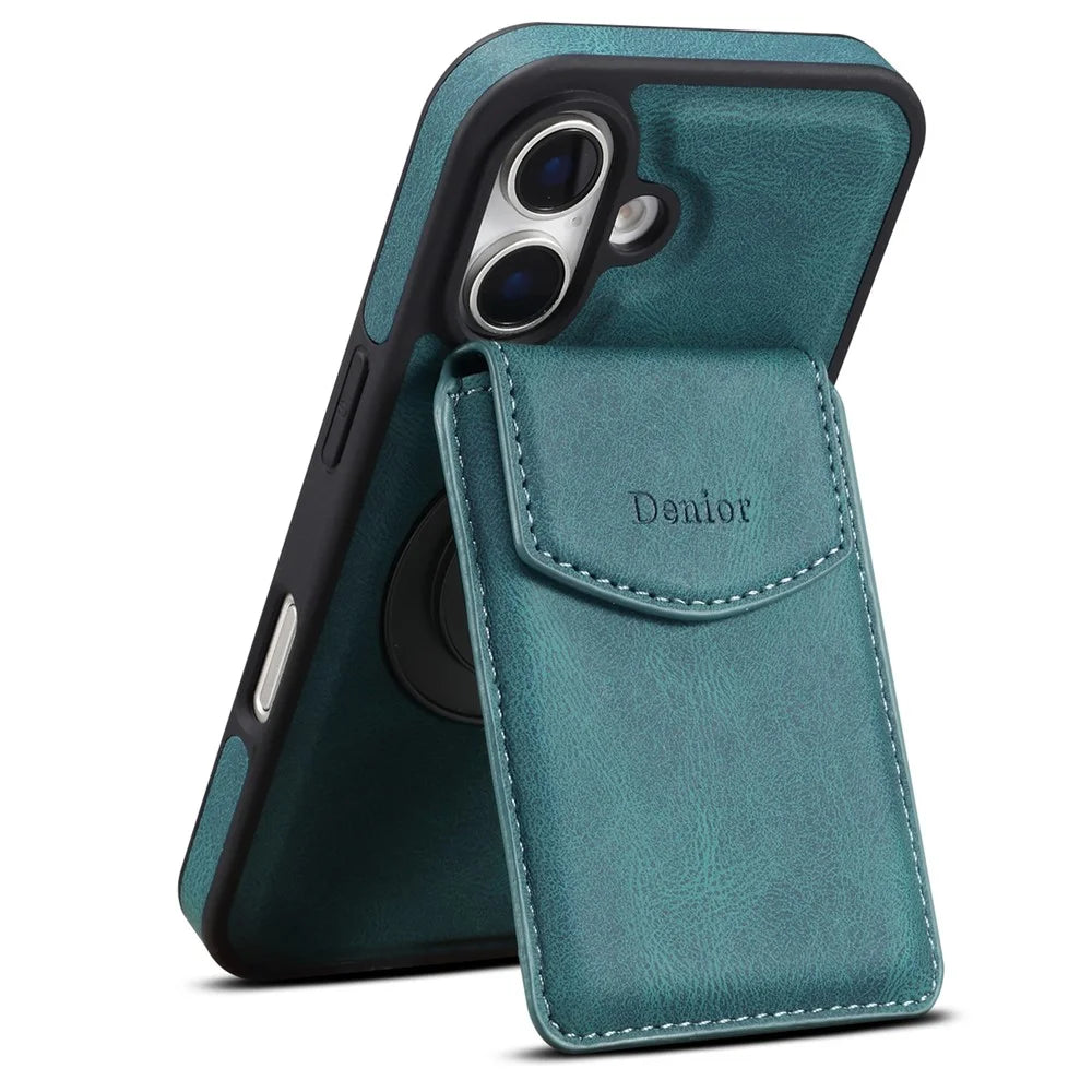 DENIOR D20 For iPhone 16 Case Detachable Card Bag Rotary Kickstand Leather+PC+TPU Cover - Blue - 2