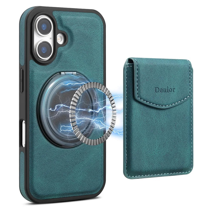 DENIOR D20 For iPhone 16 Plus Case Detachable Card Bag Rotary Kickstand Leather+PC+TPU Cover - Blue - 1