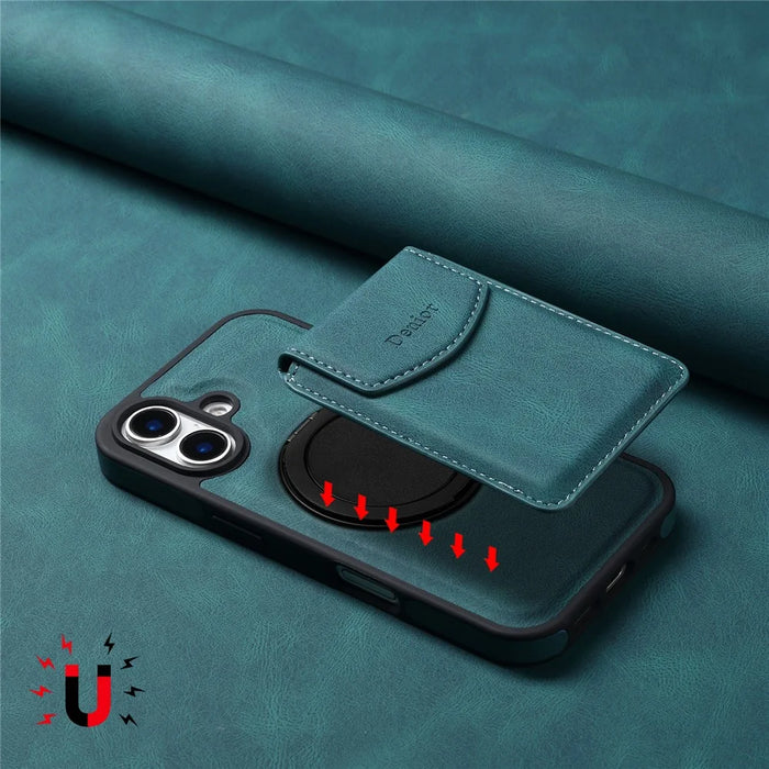 DENIOR D20 For iPhone 16 Plus Case Detachable Card Bag Rotary Kickstand Leather+PC+TPU Cover - Blue - 7