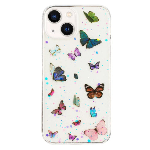 For iPhone 14 Case Anti Drop TPU Phone Back Cover Epoxy Glitter Butterfly - Blue - 1