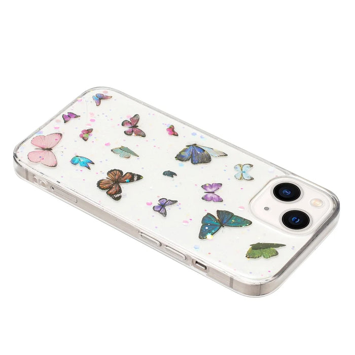 For iPhone 14 Case Anti Drop TPU Phone Back Cover Epoxy Glitter Butterfly - Blue - 3