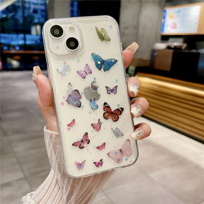 For iPhone 14 Case Anti Drop TPU Phone Back Cover Epoxy Glitter Butterfly - Blue - 4