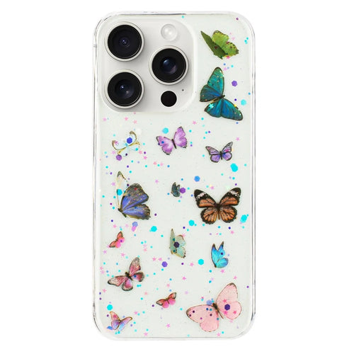 For iPhone 14 Pro Max Case Anti Drop TPU Phone Back Cover Epoxy Glitter Butterfly - Blue - 1
