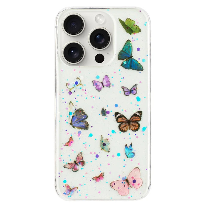 For iPhone 14 Pro Max Case Anti Drop TPU Phone Back Cover Epoxy Glitter Butterfly - Blue - 1