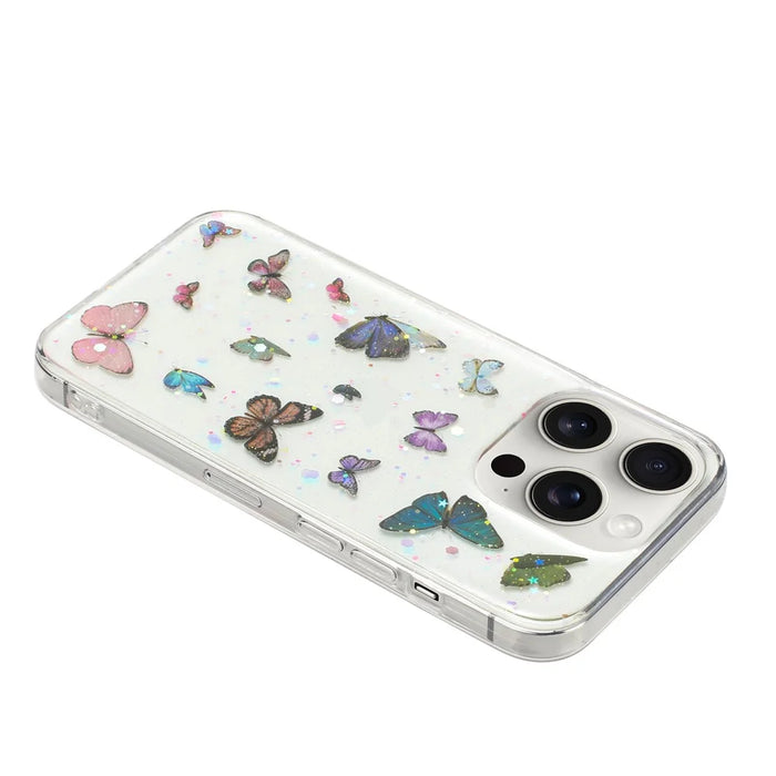 For iPhone 14 Pro Max Case Anti Drop TPU Phone Back Cover Epoxy Glitter Butterfly - Blue - 3
