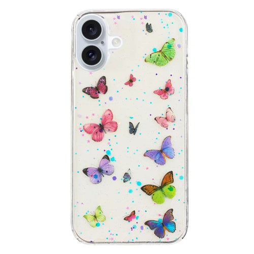 For iPhone 16 Case Anti Drop TPU Phone Back Cover Epoxy Glitter Butterfly - Pink - 1