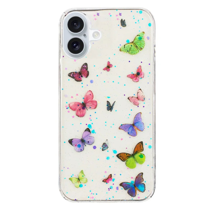 For iPhone 16 Case Anti Drop TPU Phone Back Cover Epoxy Glitter Butterfly - Pink - 1