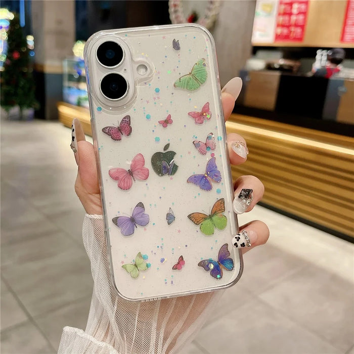 For iPhone 16 Case Anti Drop TPU Phone Back Cover Epoxy Glitter Butterfly - Pink - 4