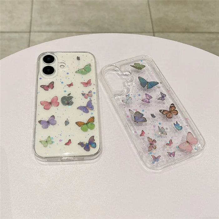 For iPhone 16 Case Anti Drop TPU Phone Back Cover Epoxy Glitter Butterfly - Pink - 7