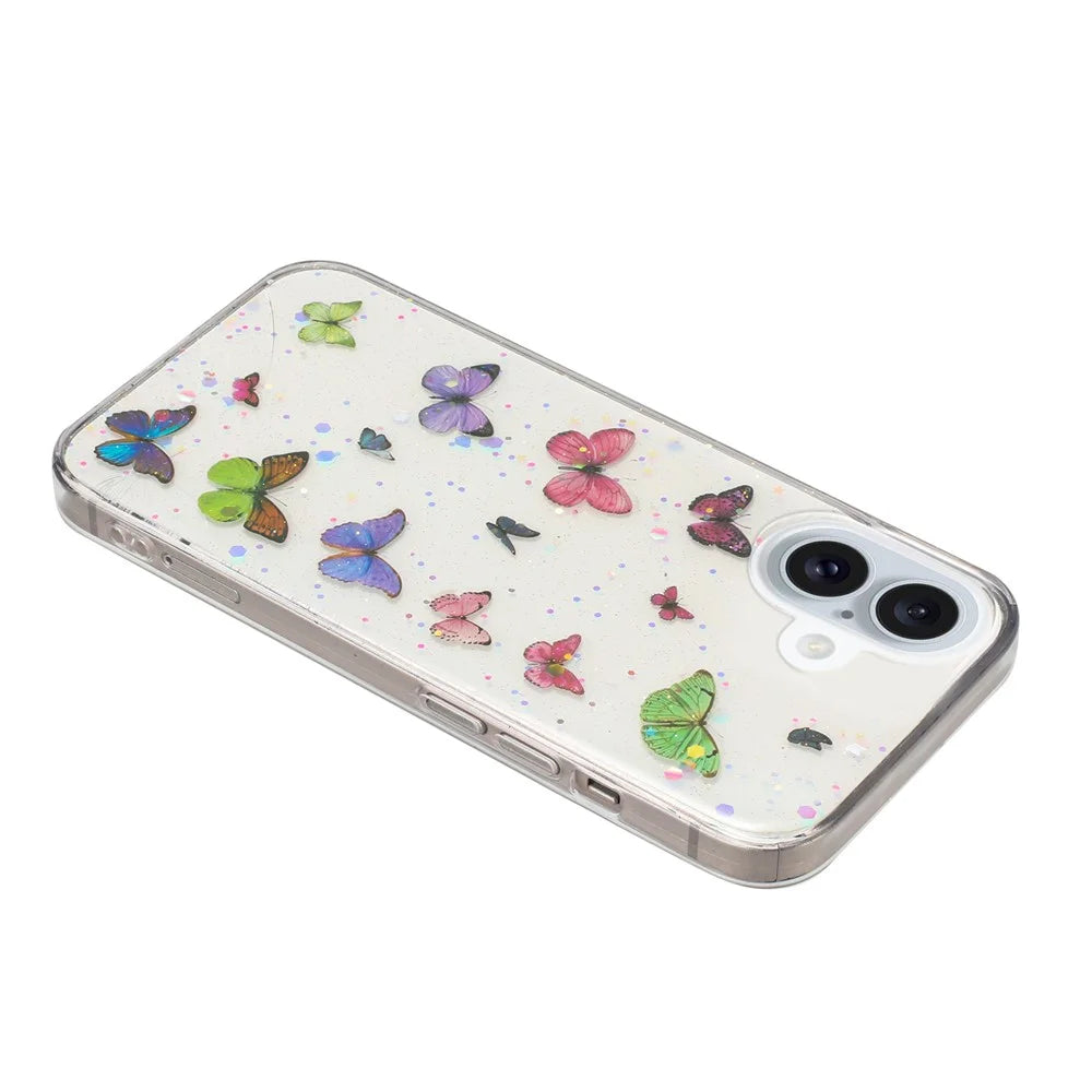 For iPhone 16 Plus Case Anti Drop TPU Phone Back Cover Epoxy Glitter Butterfly - Pink - 3