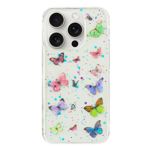 For iPhone 16 Pro Max Case Anti Drop TPU Phone Back Cover Epoxy Glitter Butterfly - Pink - 1