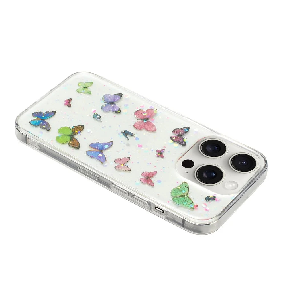 For iPhone 16 Pro Max Case Anti Drop TPU Phone Back Cover Epoxy Glitter Butterfly - Pink - 3