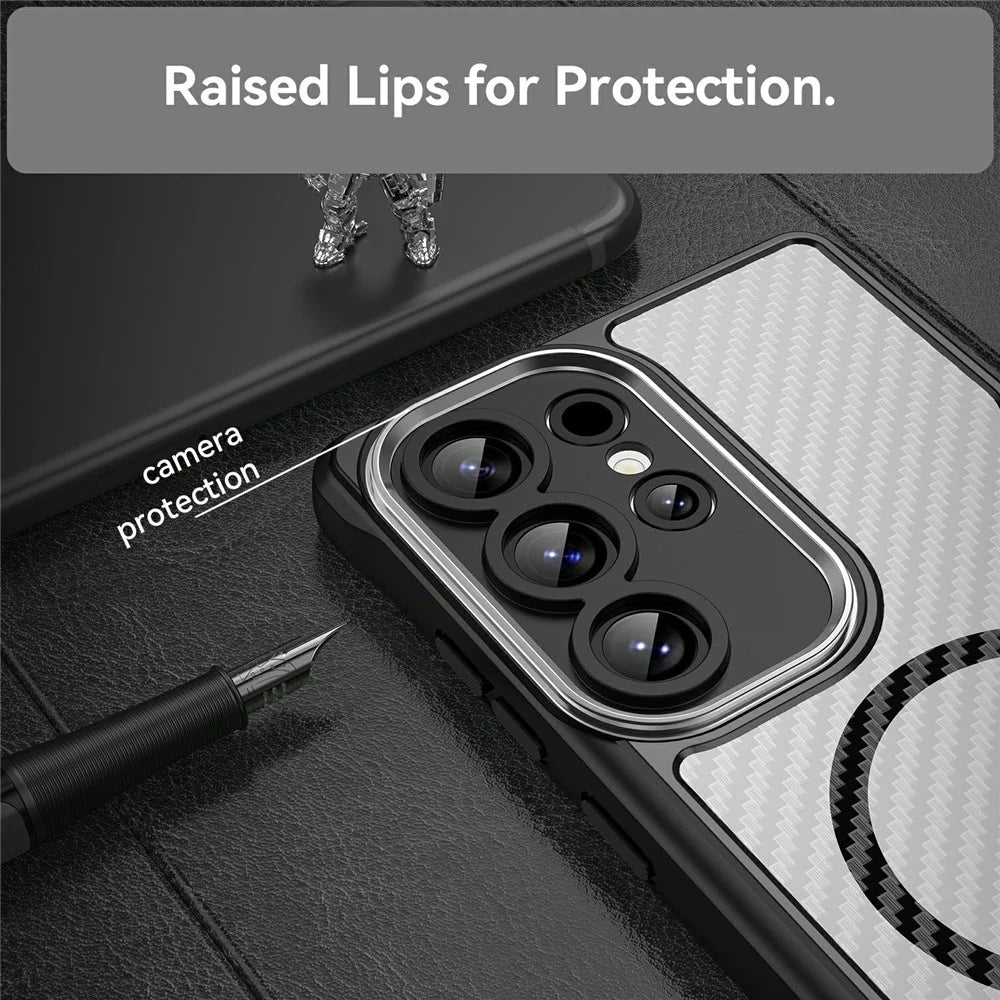 For Samsung Galaxy S25 Ultra Magnetic Case TPU+PC Phone Cover Carbon Fiber - Black - 5