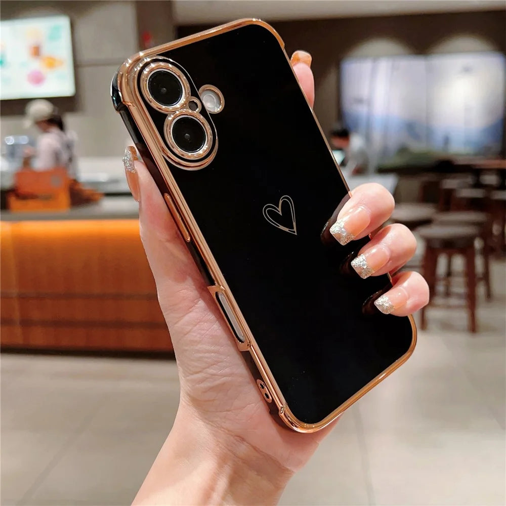 For iPhone 16 Case Love Heart Pattern TPU Phone Cover Electroplating Edge - Black - 2