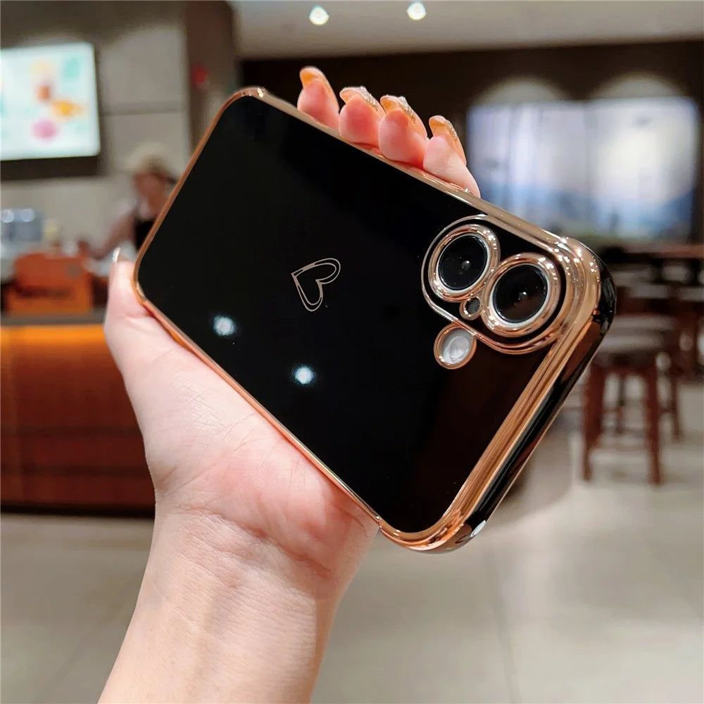 For iPhone 16 Case Love Heart Pattern TPU Phone Cover Electroplating Edge - Black - 3