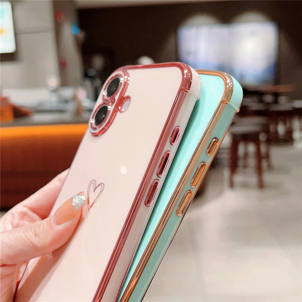 For iPhone 16 Case Love Heart Pattern TPU Phone Cover Electroplating Edge - Black - 5