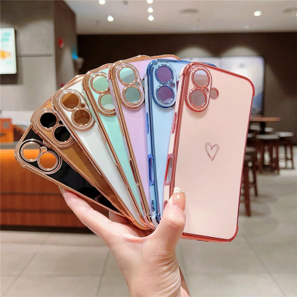 For iPhone 16 Case Love Heart Pattern TPU Phone Cover Electroplating Edge - Black - 7