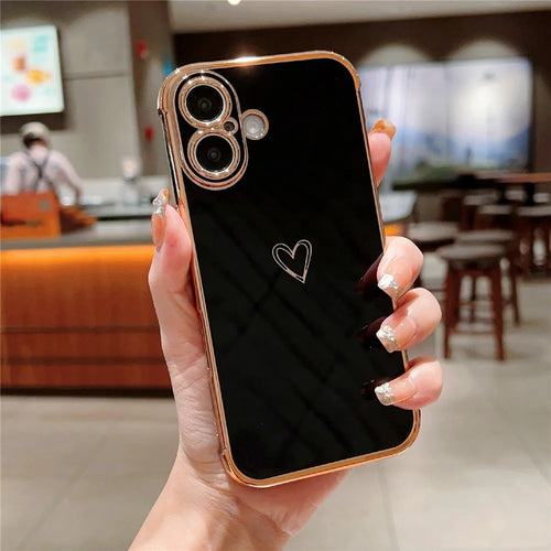 For iPhone 16 Plus Case Love Heart Pattern TPU Phone Cover Electroplating Edge - Black - 1