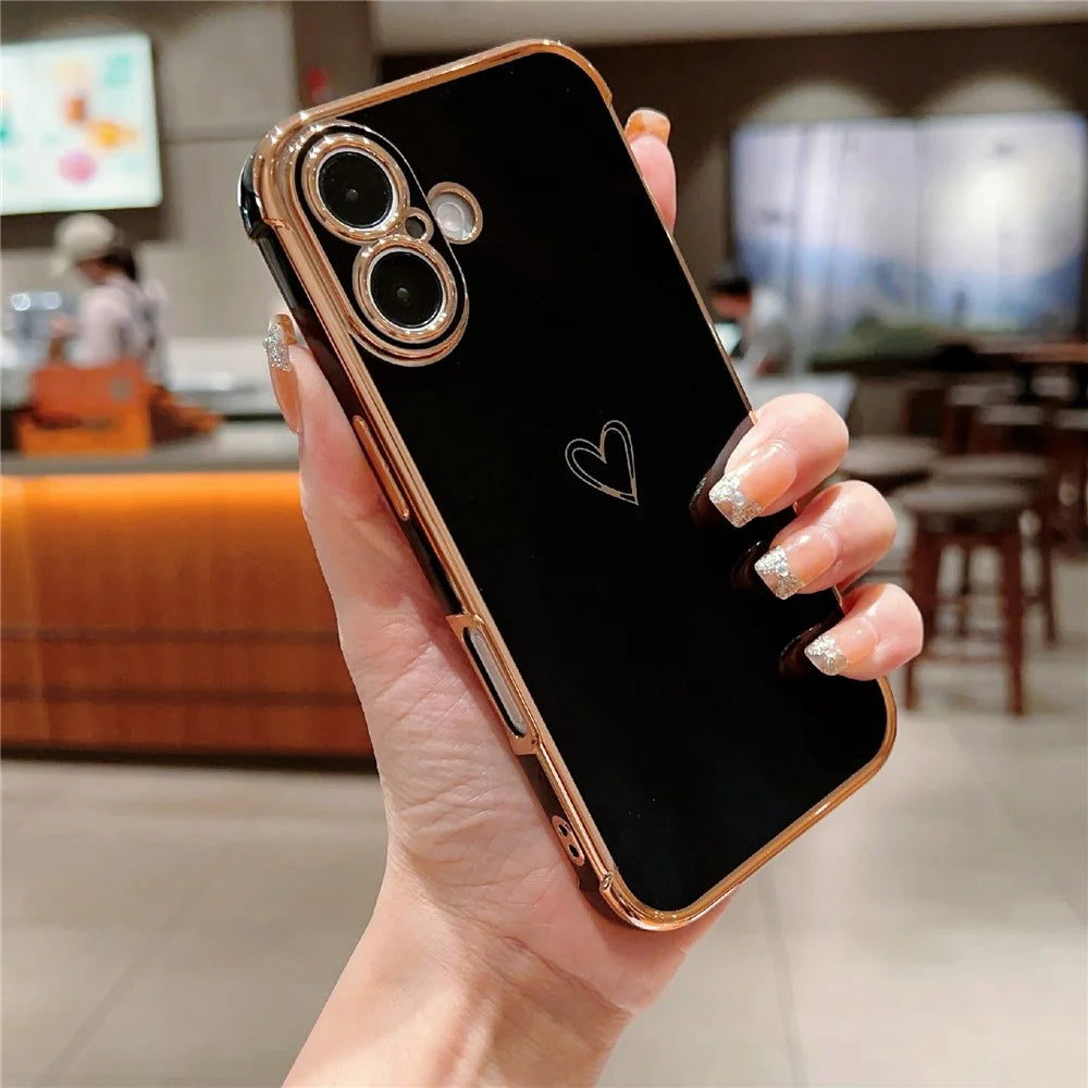 For iPhone 16 Plus Case Love Heart Pattern TPU Phone Cover Electroplating Edge - Black - 2
