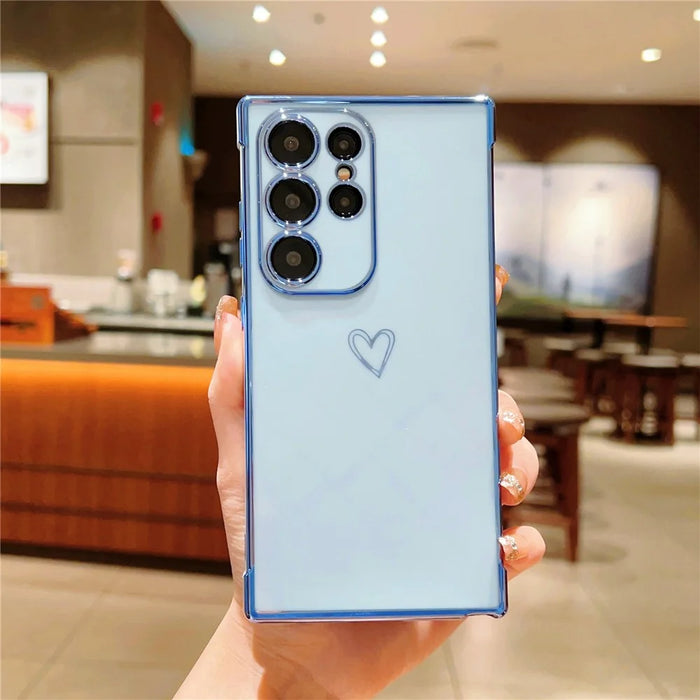 For Samsung Galaxy S24 Ultra Case Love Heart Pattern TPU Phone Cover Electroplating Edge - Blue - 1
