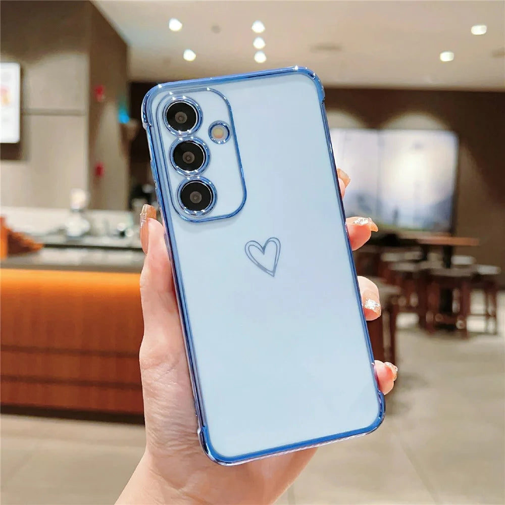 For Samsung Galaxy S24 FE Case Love Heart Pattern TPU Phone Cover Electroplating Edge - Blue - 1