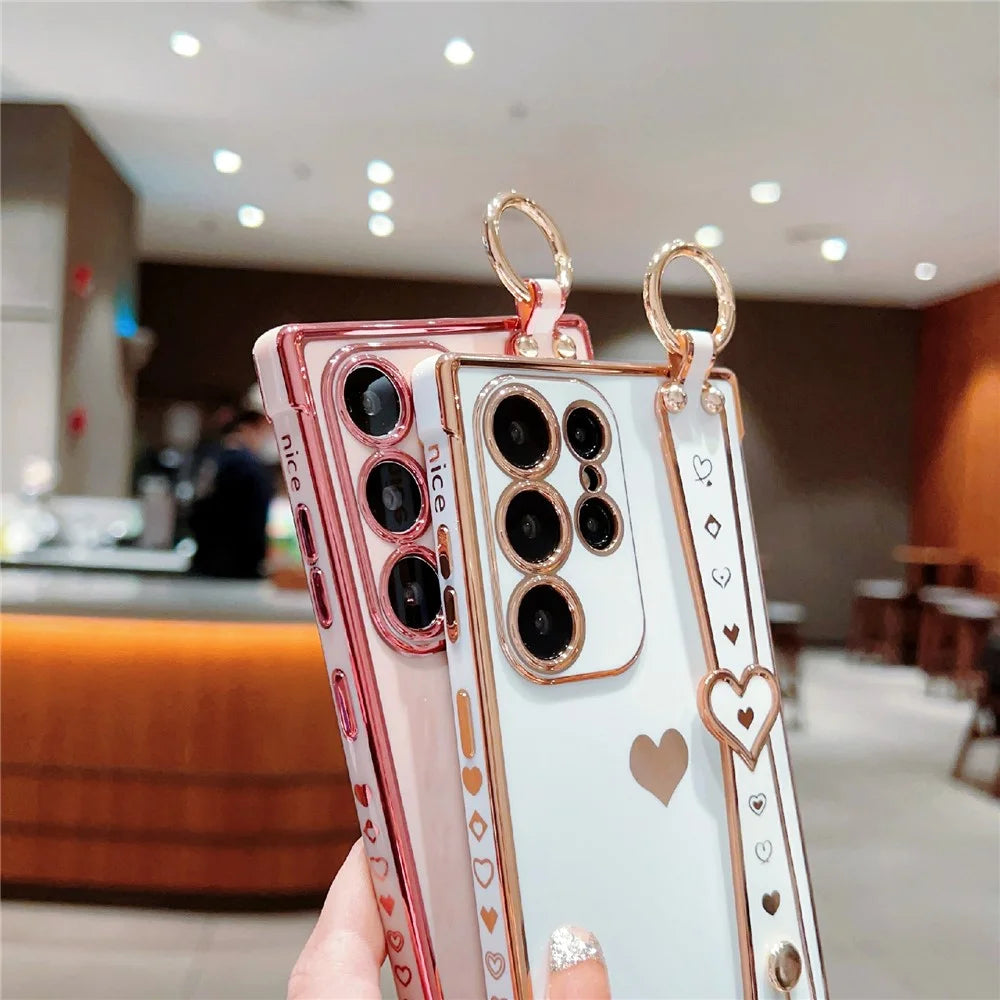 For Samsung Galaxy S25 Ultra Case Wristband Kickstand Love Heart TPU Phone Cover Finger Holder - Pink - 7