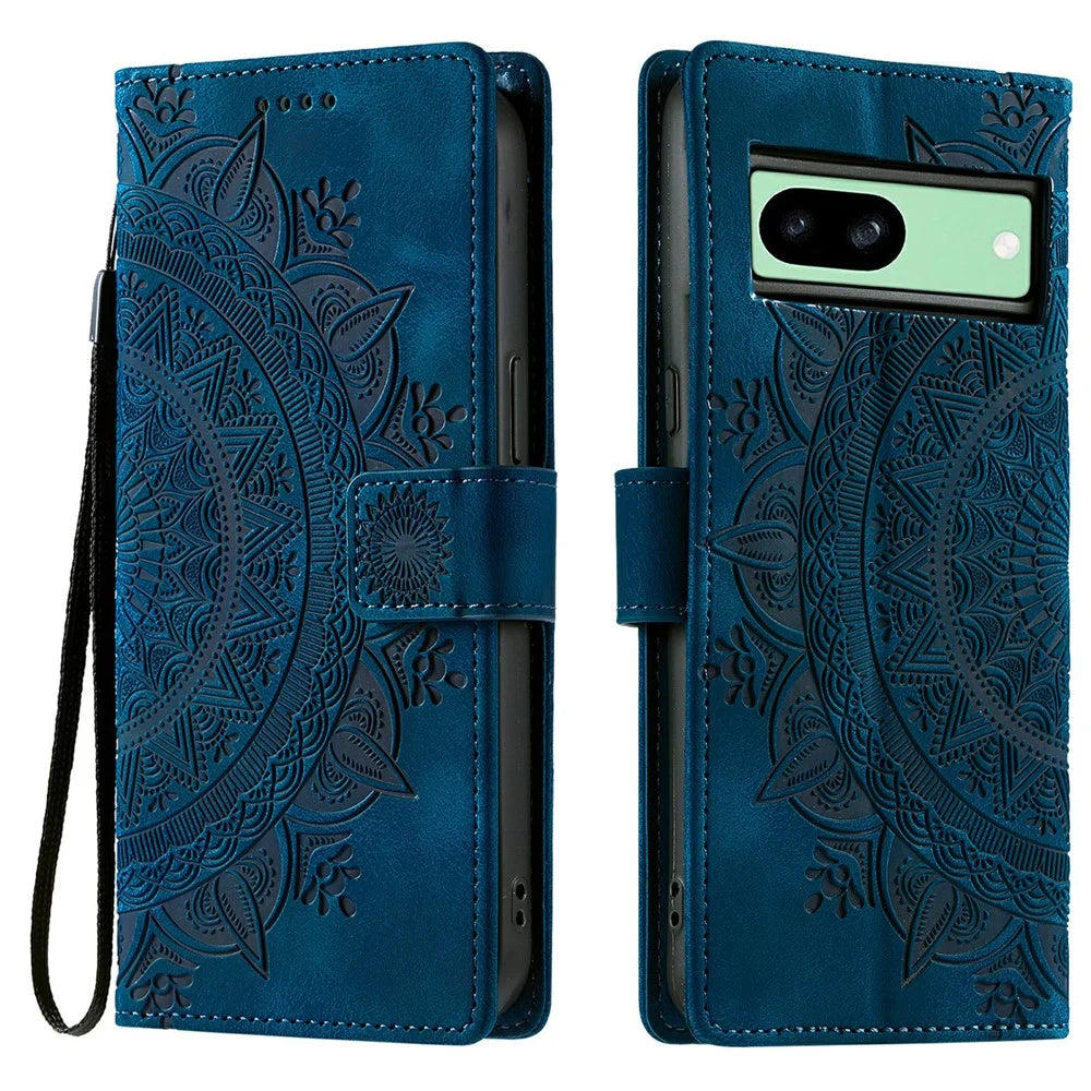 Style 018 For Google Pixel 8a Case Imprinted Totem Skin Feel Wallet Leather Phone Cover - Blue - 1