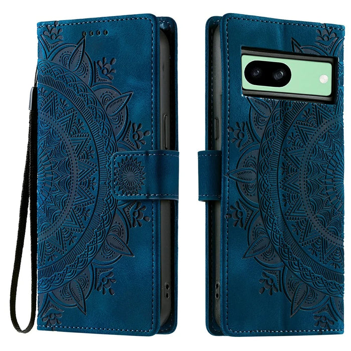 Style 018 For Google Pixel 8a Case Imprinted Totem Skin Feel Wallet Leather Phone Cover - Blue - 1