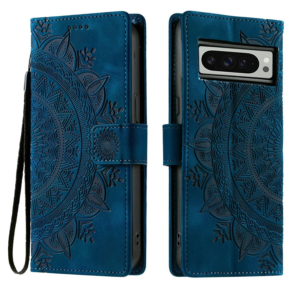 Style 018 For Google Pixel 9 Pro XL Case Imprinted Totem Skin Feel Wallet Leather Phone Cover - Blue - 1