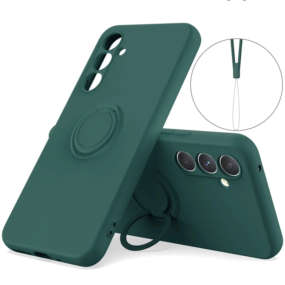 For Samsung Galaxy S24 FE Silicone Case with Strap Ring Kickstand Phone Cover - Blackish Green - 1