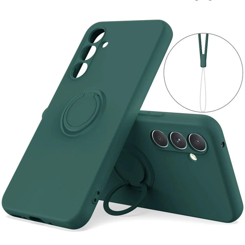 For Samsung Galaxy S24 FE Silicone Case with Strap Ring Kickstand Phone Cover - Blackish Green - 1