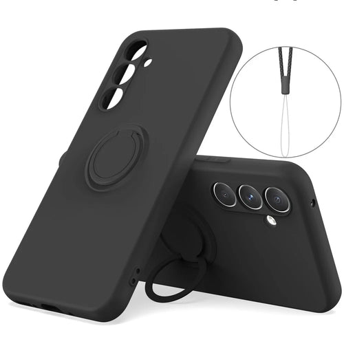 For Samsung Galaxy A16 5G  /  4G Silicone Case with Strap Ring Kickstand Phone Cover - Black - 1
