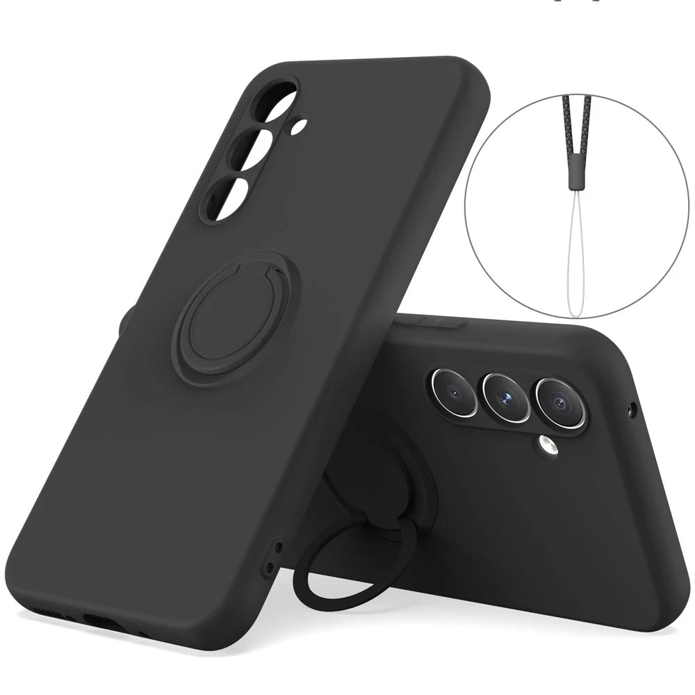 For Samsung Galaxy A16 5G  /  4G Silicone Case with Strap Ring Kickstand Phone Cover - Black - 1