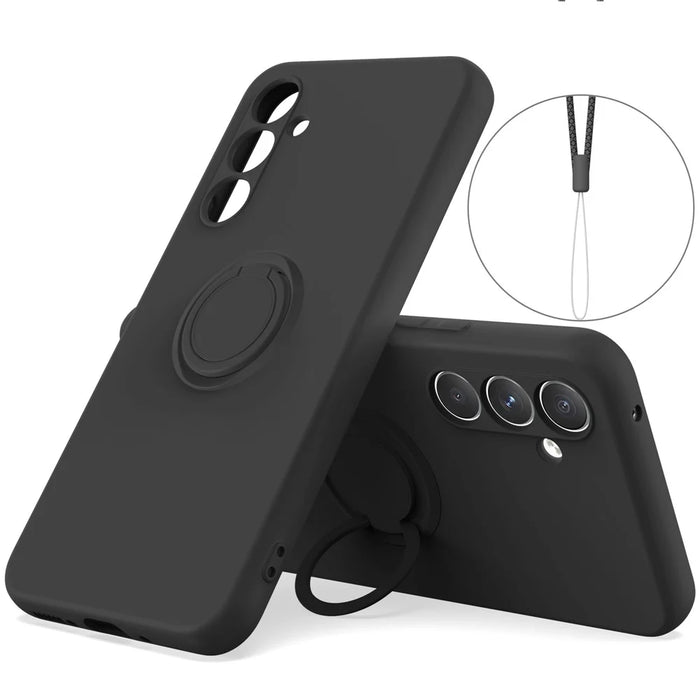 For Samsung Galaxy A16 5G  /  4G Silicone Case with Strap Ring Kickstand Phone Cover - Black - 1