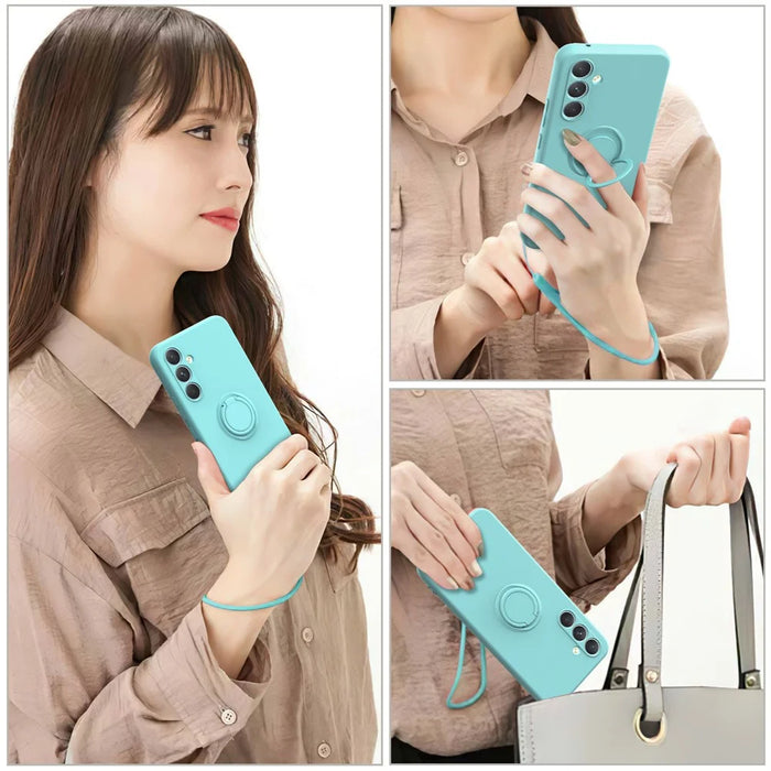 For Samsung Galaxy A16 5G  /  4G Silicone Case with Strap Ring Kickstand Phone Cover - Black - 2