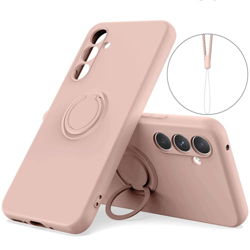 For Samsung Galaxy A36 5G Silicone Case with Strap Ring Kickstand Phone Cover - Pink - 1