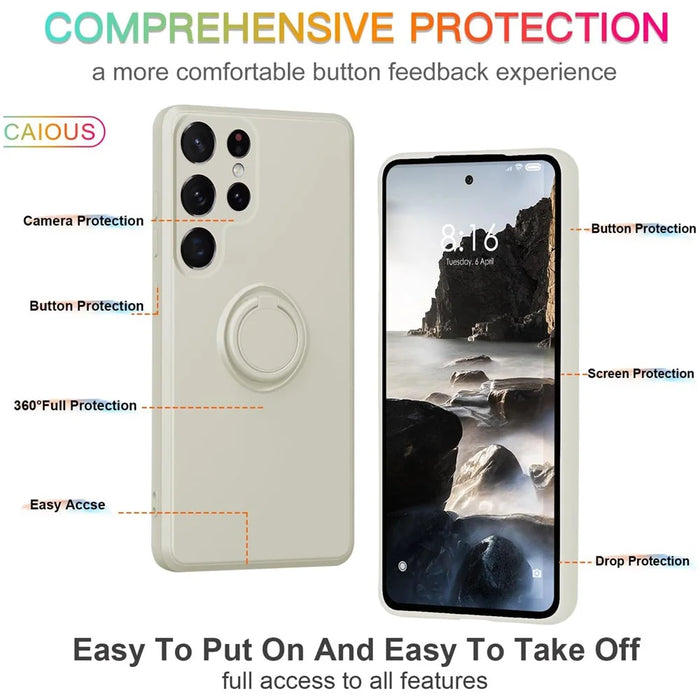For Samsung Galaxy S25 Ultra Silicone Case with Strap Ring Kickstand Phone Cover - White - 3