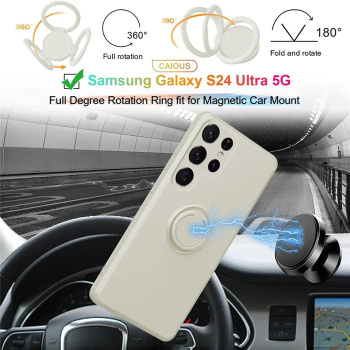 For Samsung Galaxy S25 Ultra Silicone Case with Strap Ring Kickstand Phone Cover - White - 7