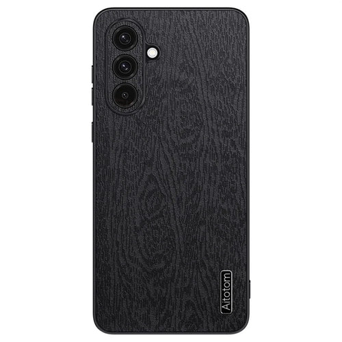 For Samsung Galaxy A36 5G Case Wood Texture PU Leather Coated PC+TPU Phone Cover - Black - 1
