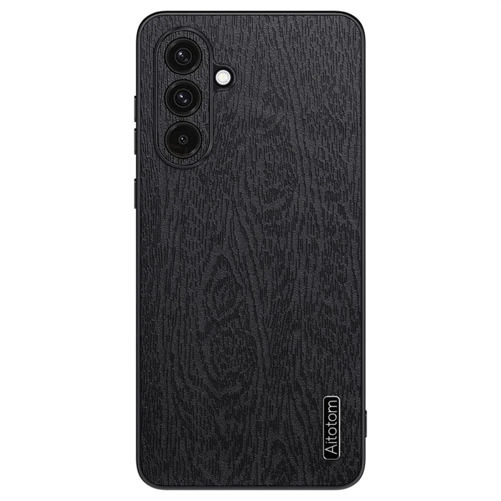 For Samsung Galaxy A16 5G  /  4G Case Wood Texture PU Leather Coated PC+TPU Phone Cover - Black - 1