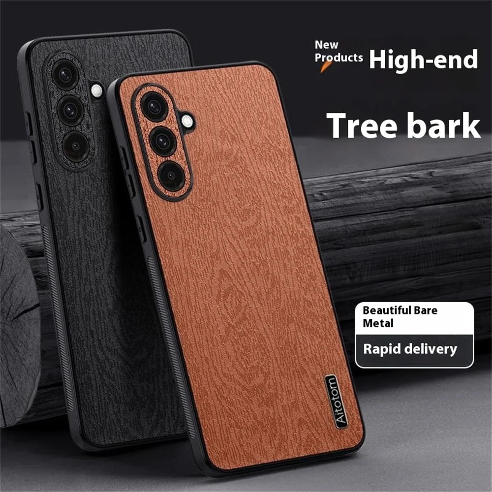 For Samsung Galaxy A16 5G  /  4G Case Wood Texture PU Leather Coated PC+TPU Phone Cover - Black - 2
