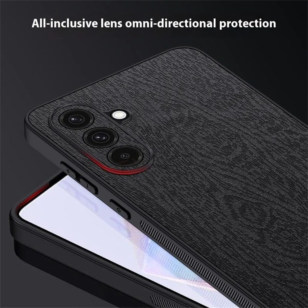 For Samsung Galaxy A16 5G  /  4G Case Wood Texture PU Leather Coated PC+TPU Phone Cover - Black - 4